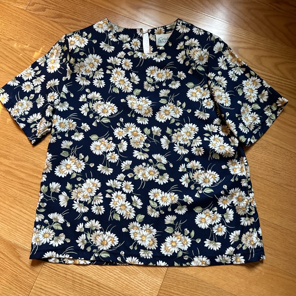 Floral 1990 Cristin Stevens Rayon Navy Women's Top